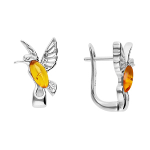 Kolczyki srebrne koliberki z cytrynowym bursztynem - 40886