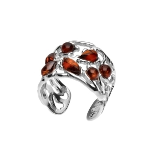 Pierścionek srebrny z bursztynami - 44278